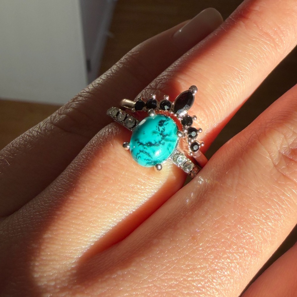 Oval Turquoise Vintage Engagement Black Spinel Rose Gold Bridal Ring Set
